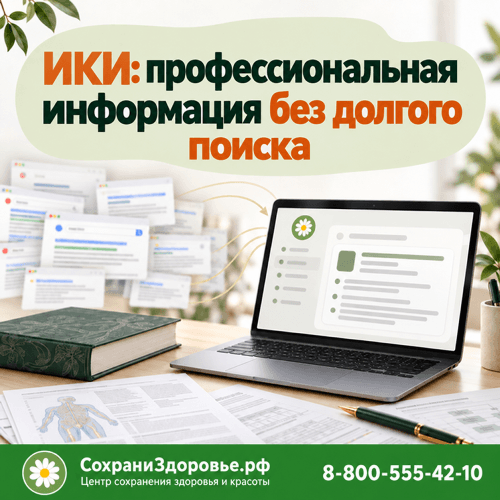 Инфографика: ноутбук с интерфейсом, зелёная книга, документы, ручка. Заголовок: «ИКИ: профессиональная информация без долгого поиска»